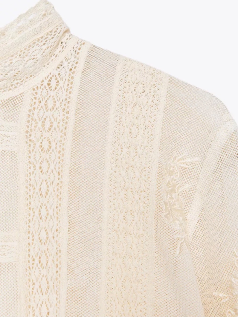 Zara Romantic Lace Blouse Semi-Sheer High Neck Ladder Stitch Size Small - Picture 6 of 15